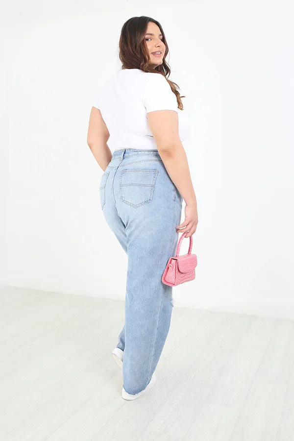 PLUS SIZE BLUE HIGH WAISTED WIDE LEG RIPPED JEANS