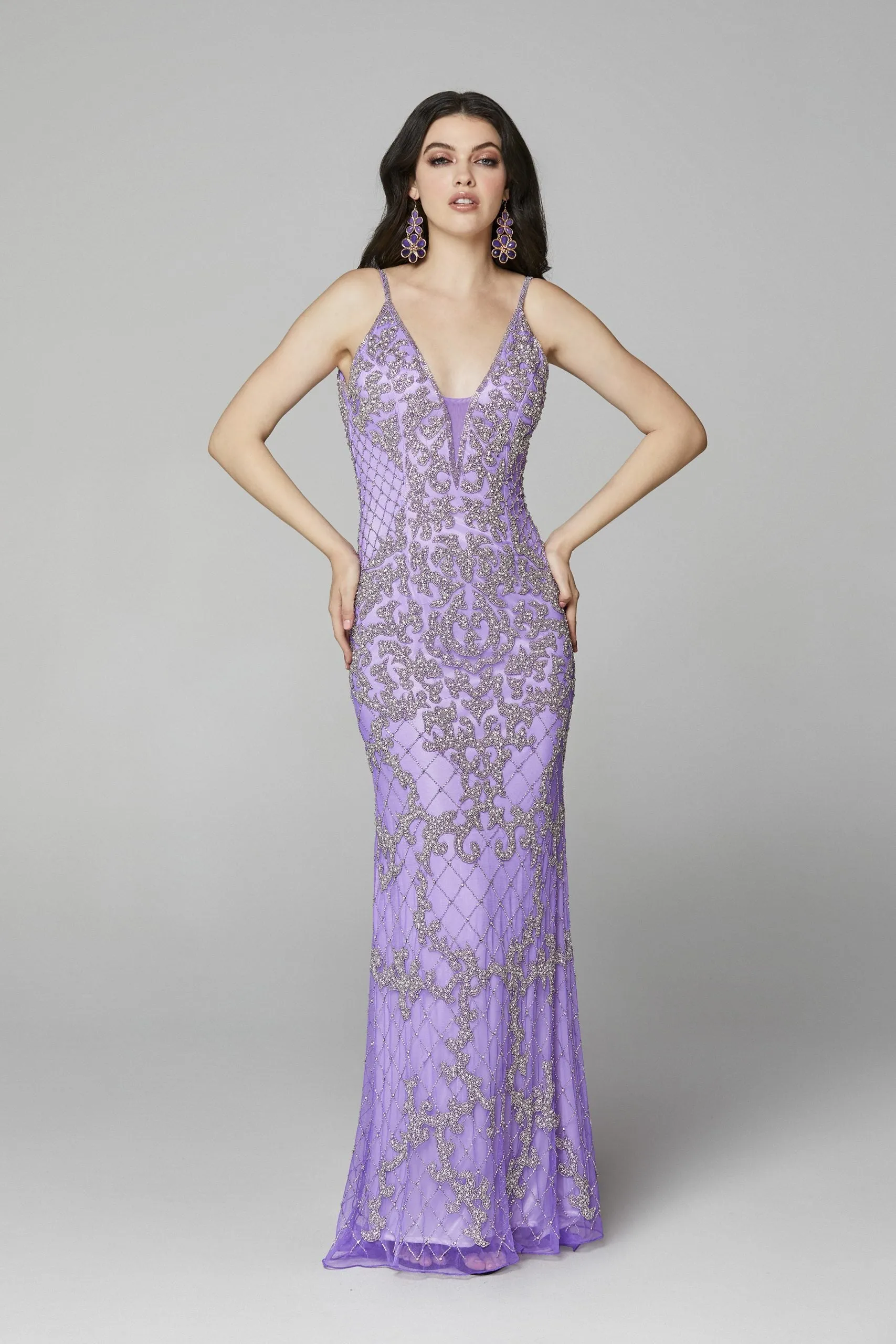 Primavera Couture 3433 Size 12 Purple Long v neckline sequin prom dress embellished straight skirt
