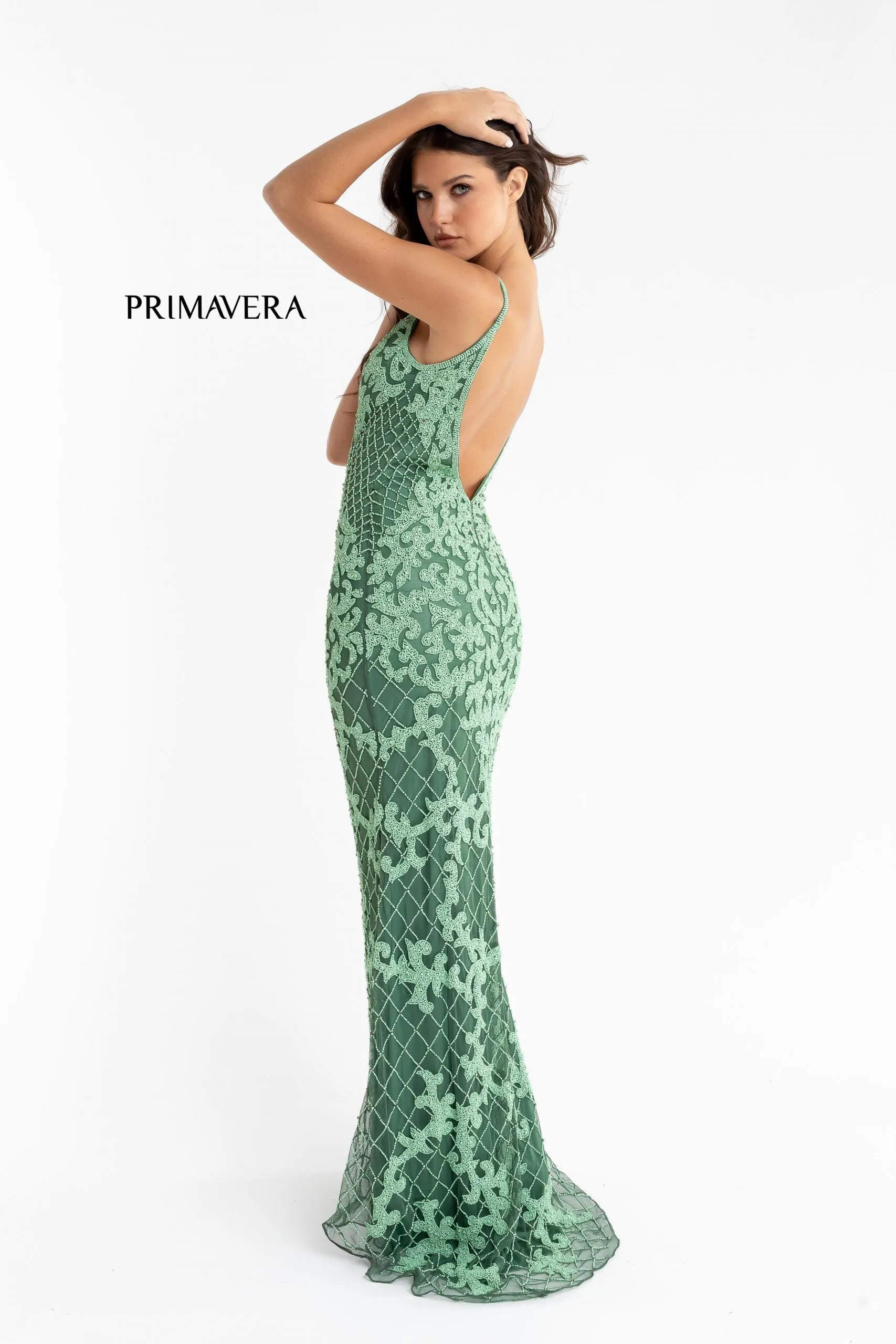 Primavera Couture 3433 Size 12 Purple Long v neckline sequin prom dress embellished straight skirt