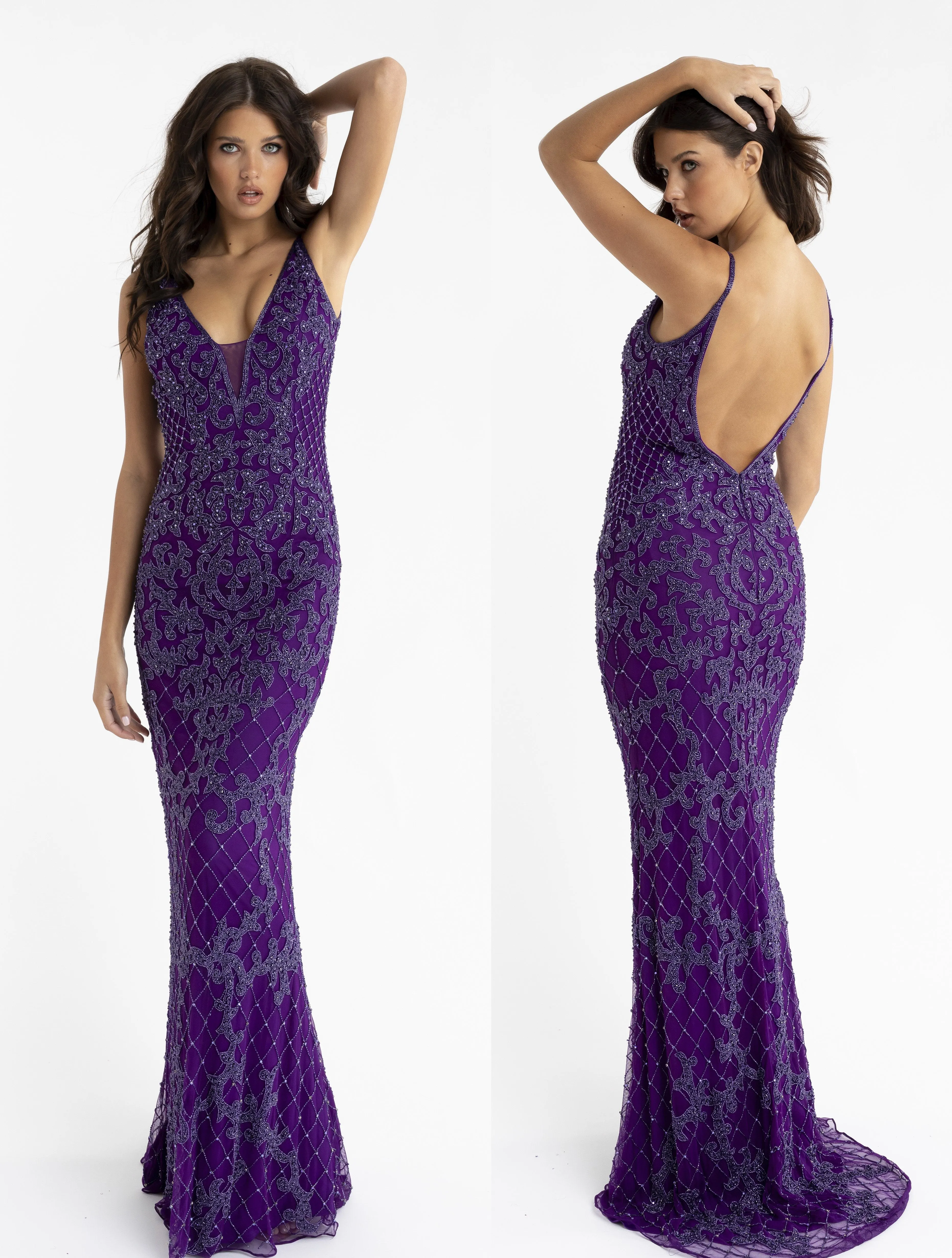 Primavera Couture 3433 Size 12 Purple Long v neckline sequin prom dress embellished straight skirt