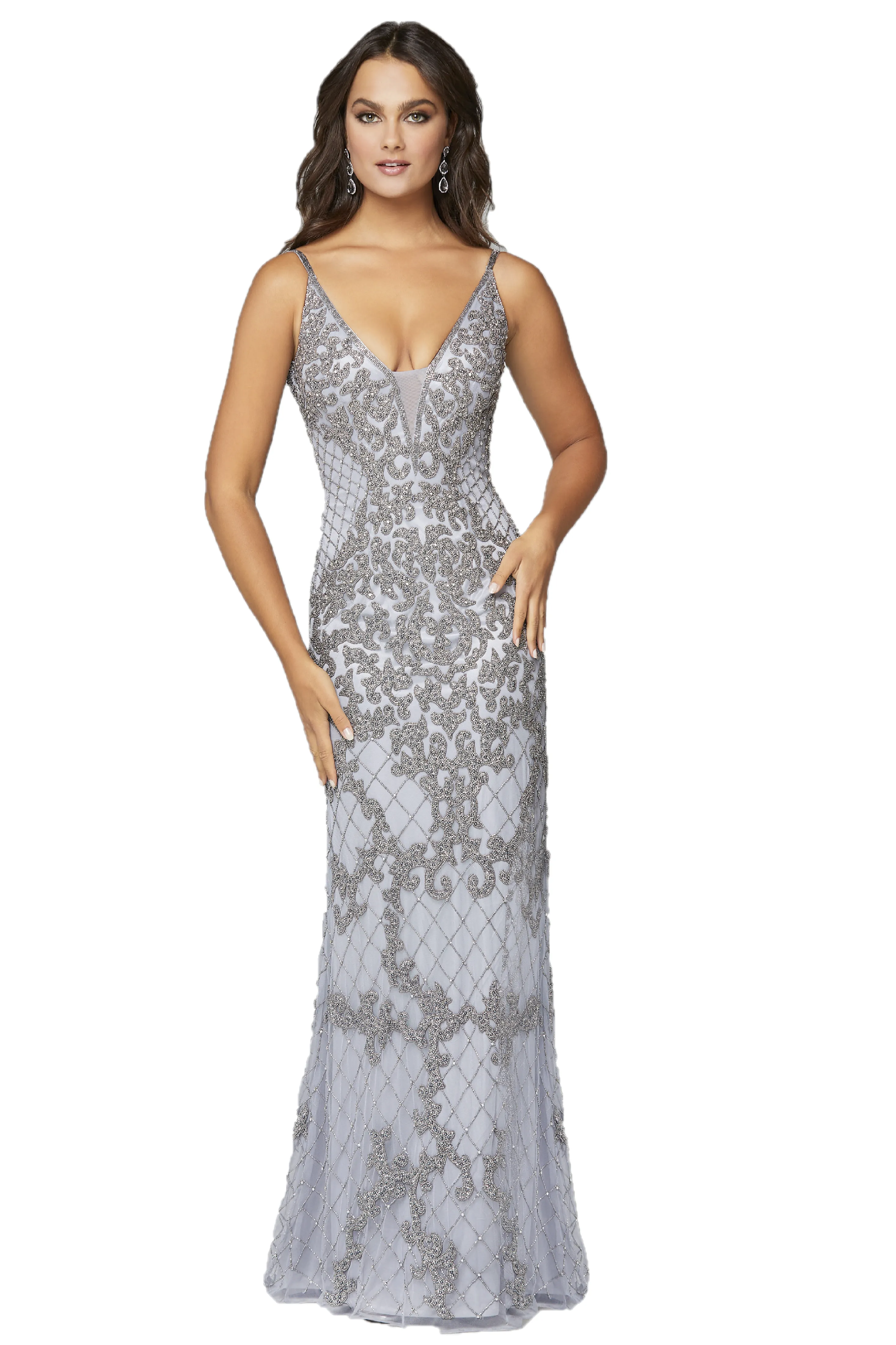 Primavera Couture 3433 Size 12 Purple Long v neckline sequin prom dress embellished straight skirt