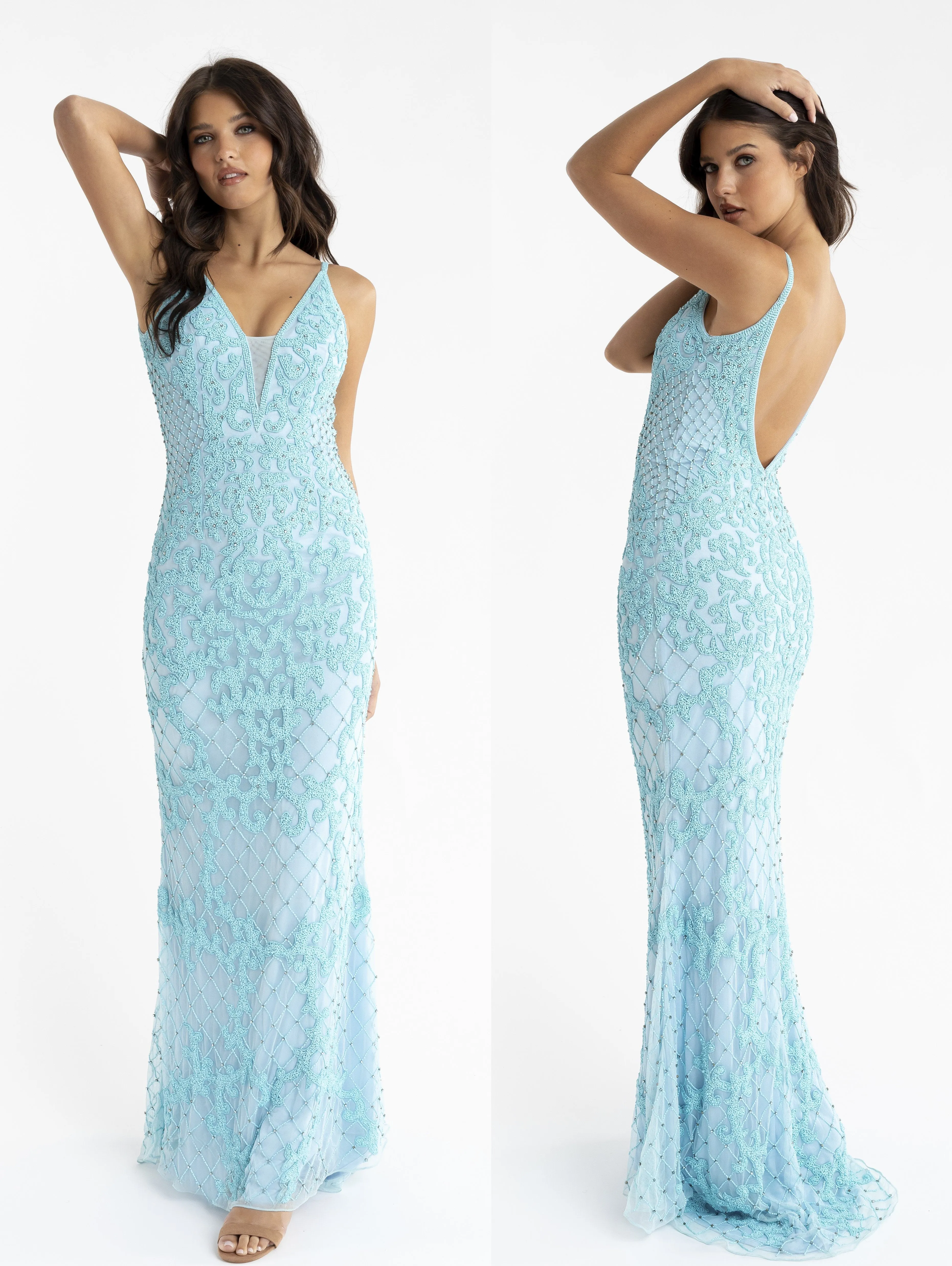 Primavera Couture 3433 Size 12 Purple Long v neckline sequin prom dress embellished straight skirt