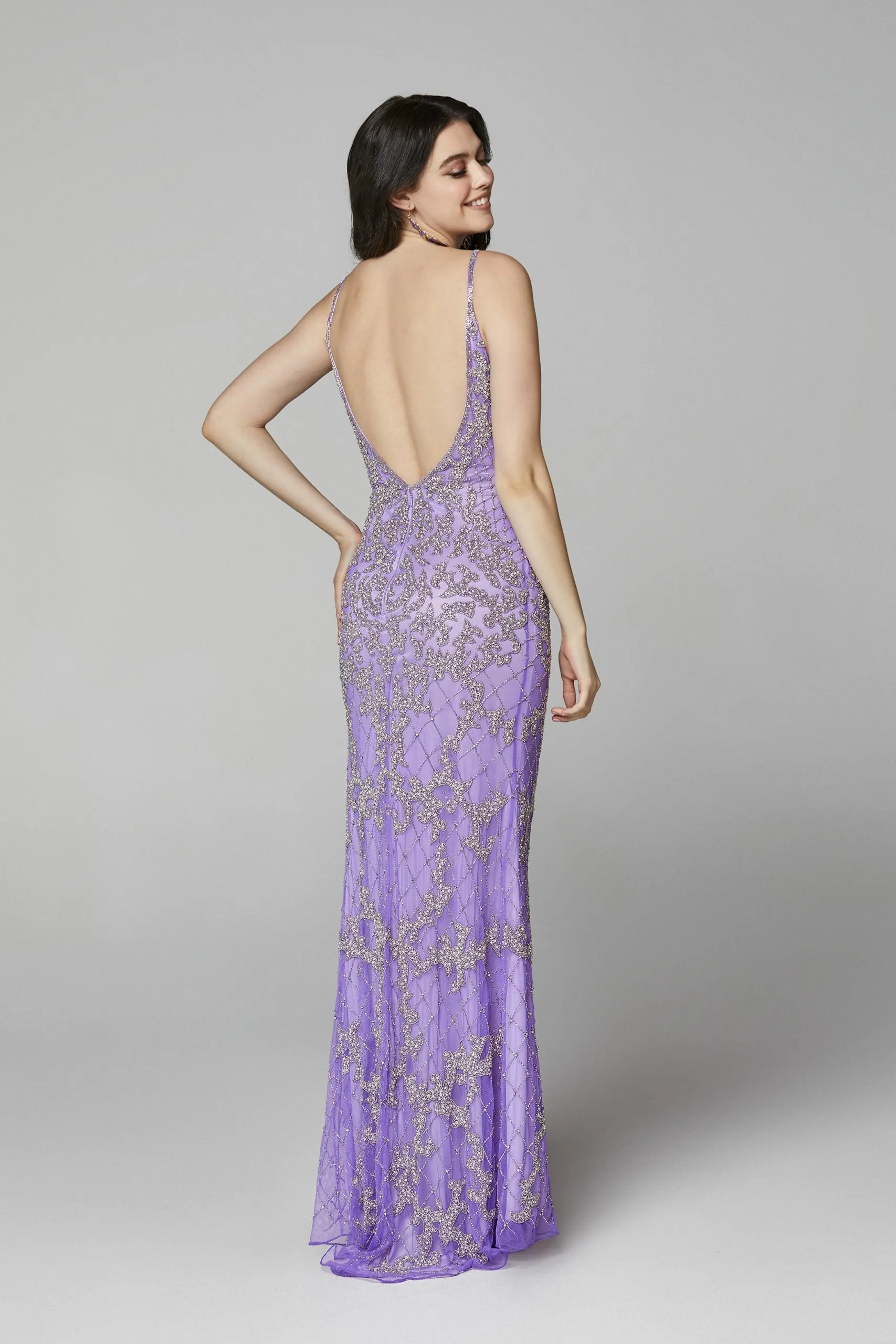 Primavera Couture 3433 Size 12 Purple Long v neckline sequin prom dress embellished straight skirt