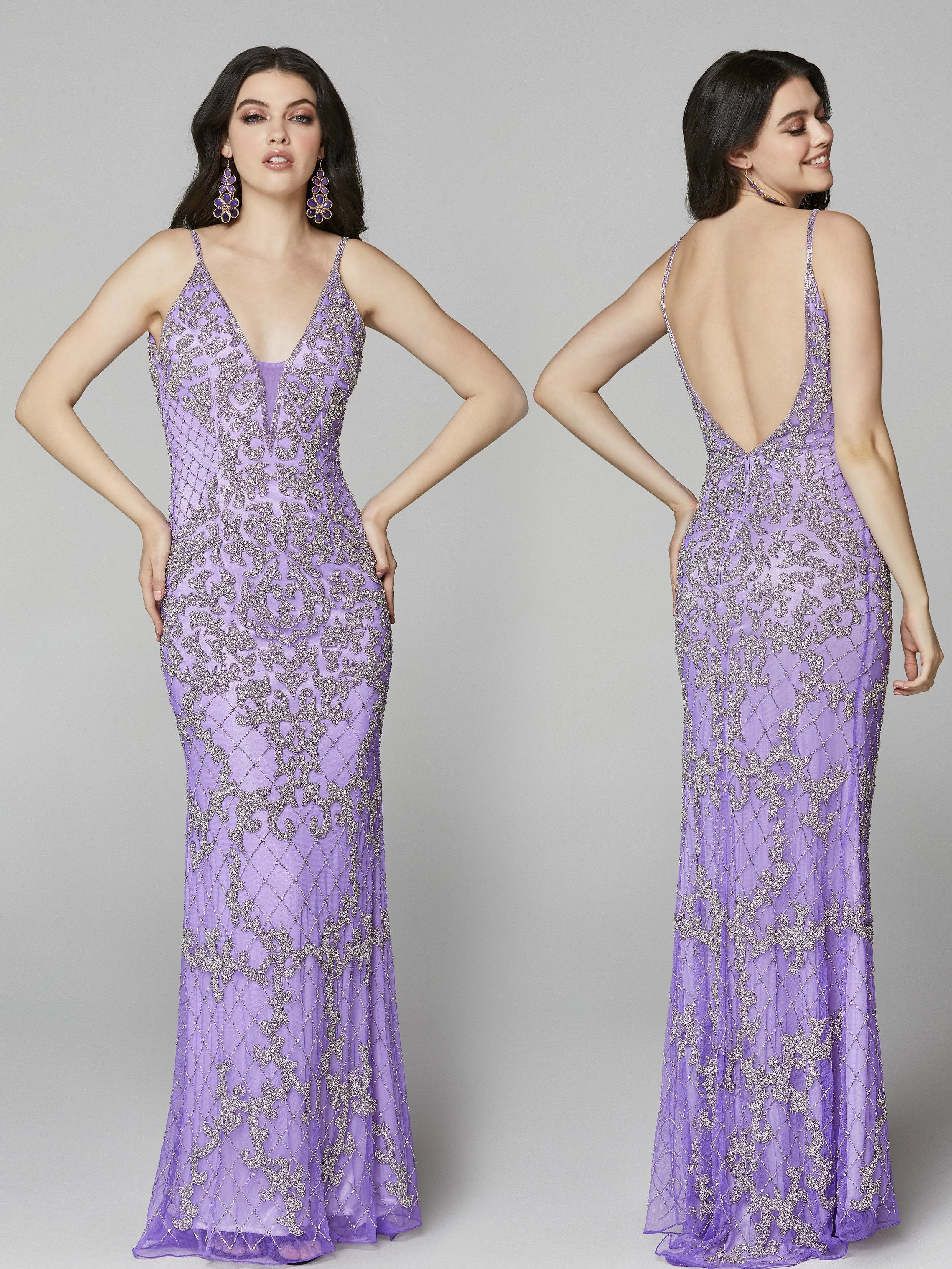 Primavera Couture 3433 Size 12 Purple Long v neckline sequin prom dress embellished straight skirt