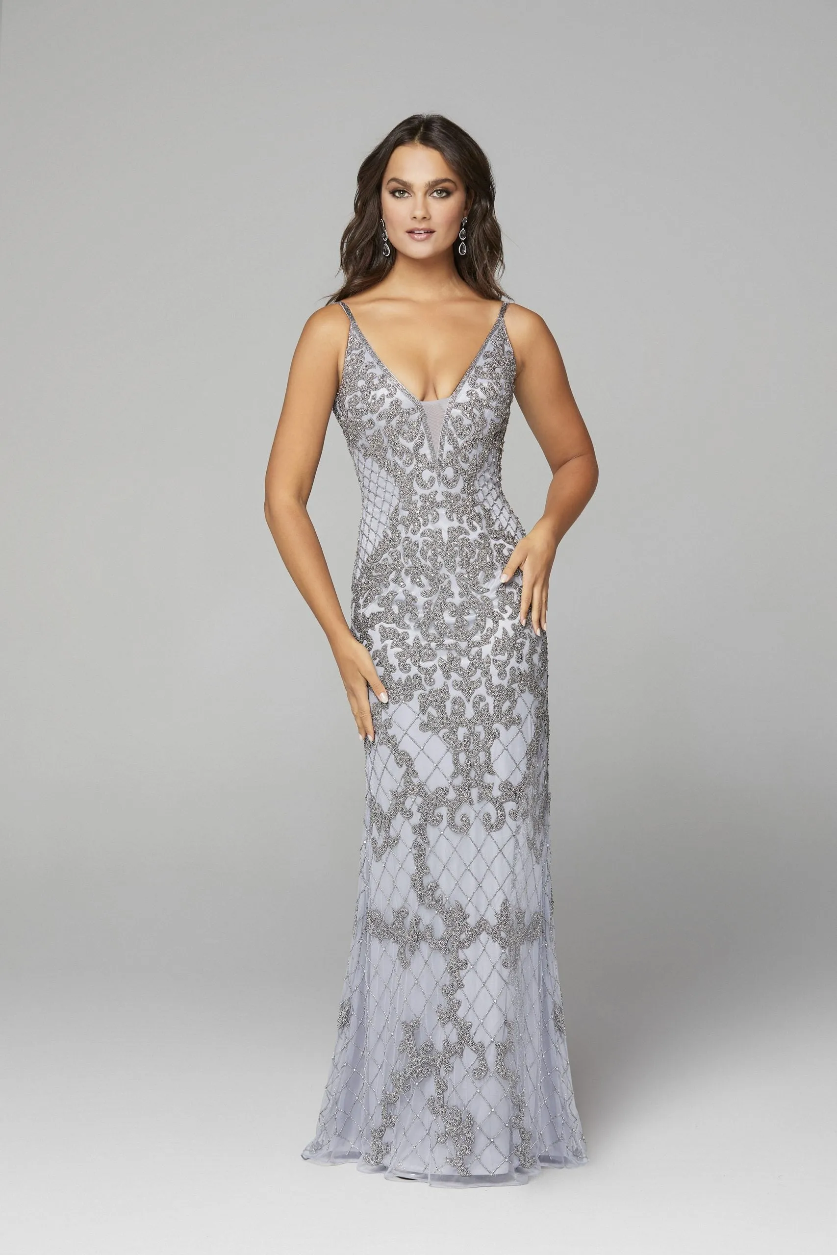 Primavera Couture 3433 Size 12 Purple Long v neckline sequin prom dress embellished straight skirt