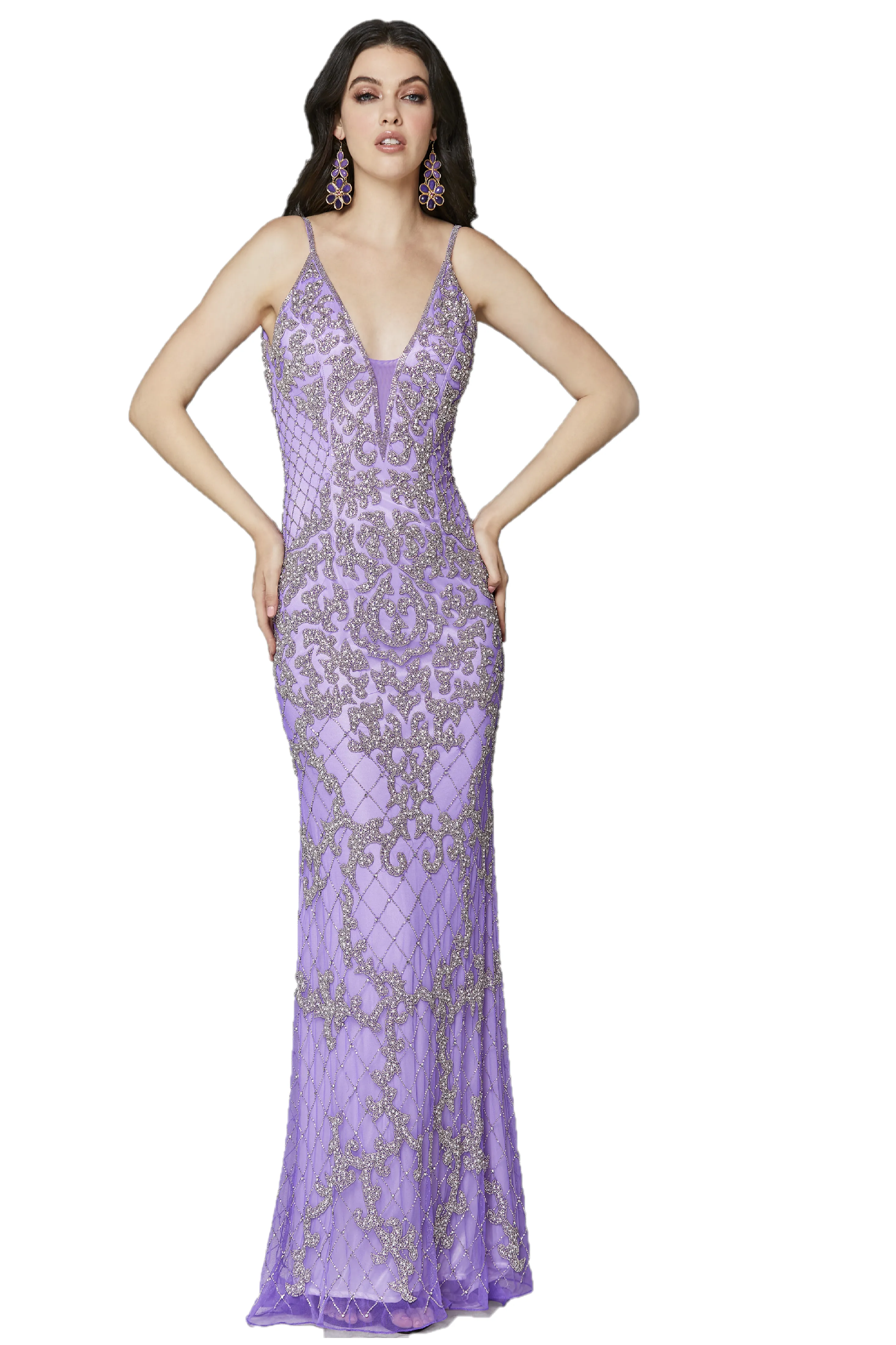 Primavera Couture 3433 Size 12 Purple Long v neckline sequin prom dress embellished straight skirt