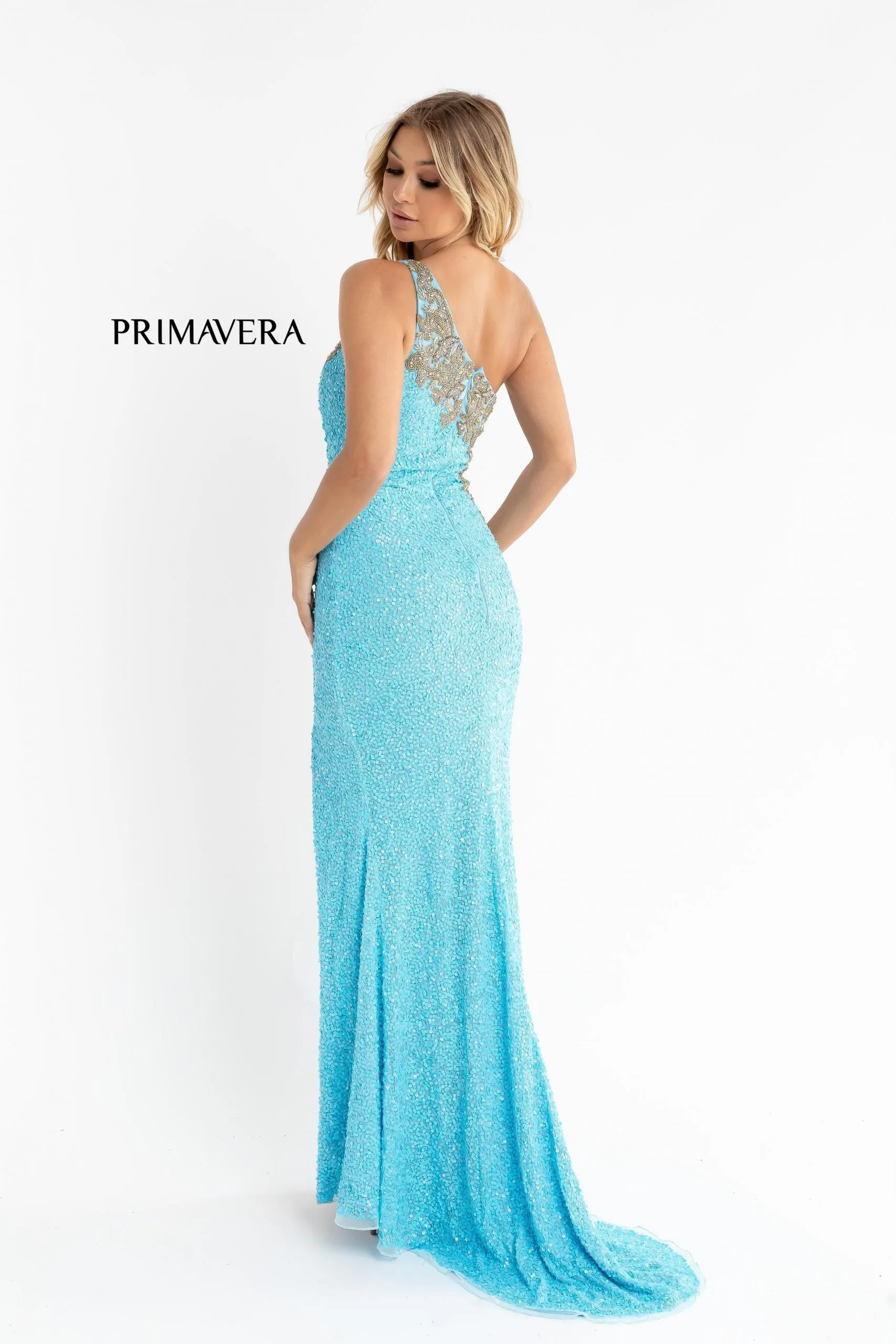 Primavera Couture 3637 Fitted Sequin One Shoulder Prom Dress with Slit size 8 Turquoise Pageant Formal