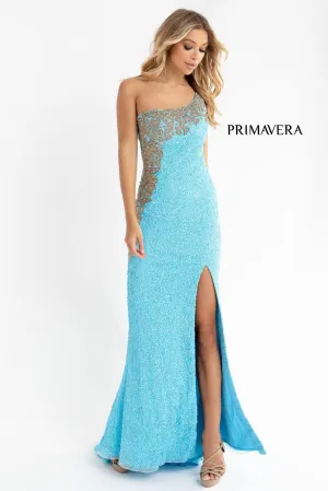 Primavera Couture 3637 Fitted Sequin One Shoulder Prom Dress with Slit size 8 Turquoise Pageant Formal