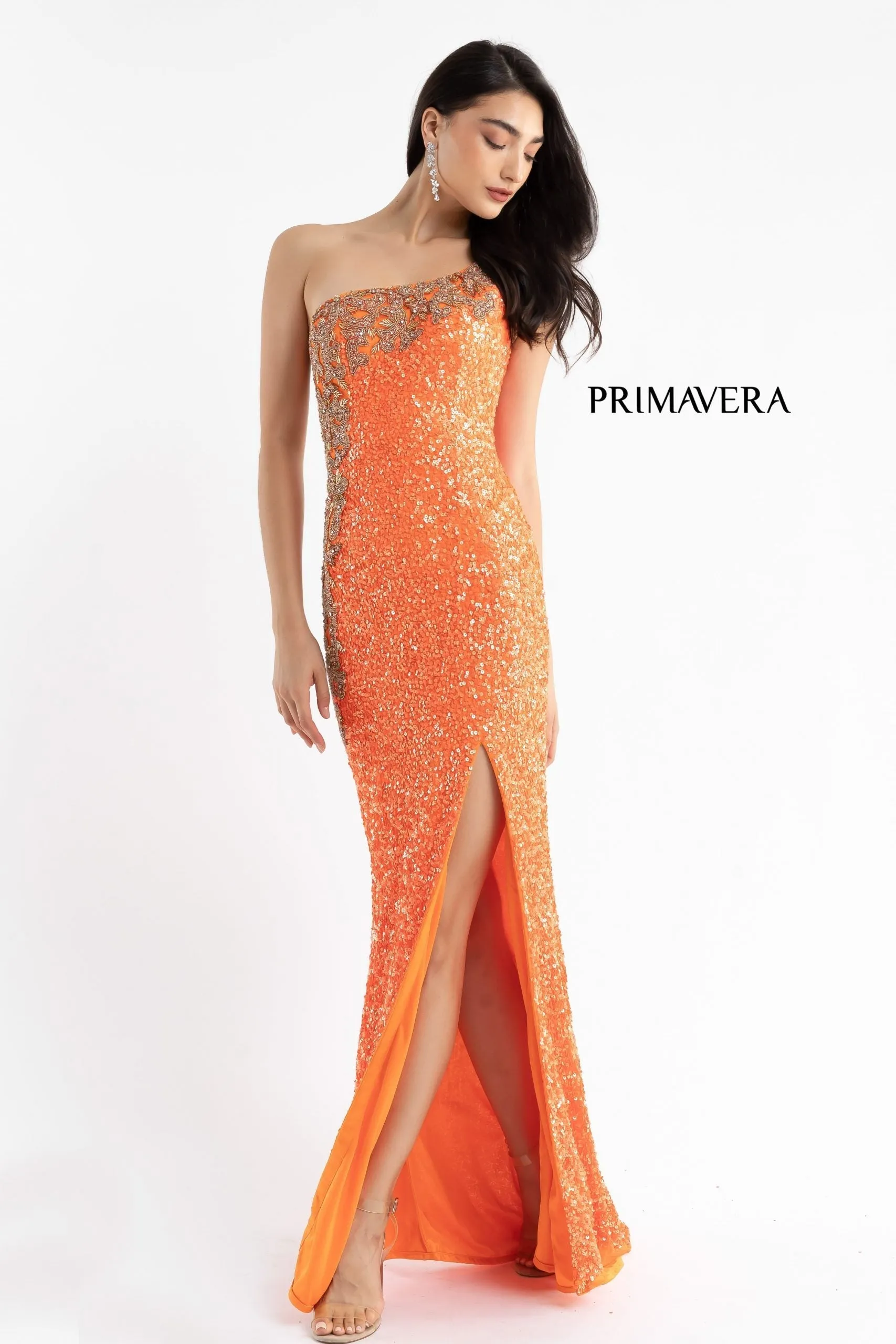 Primavera Couture 3637 Size 0 & 8 Neon Pink Sequin One Shoulder Prom Dress with Slit