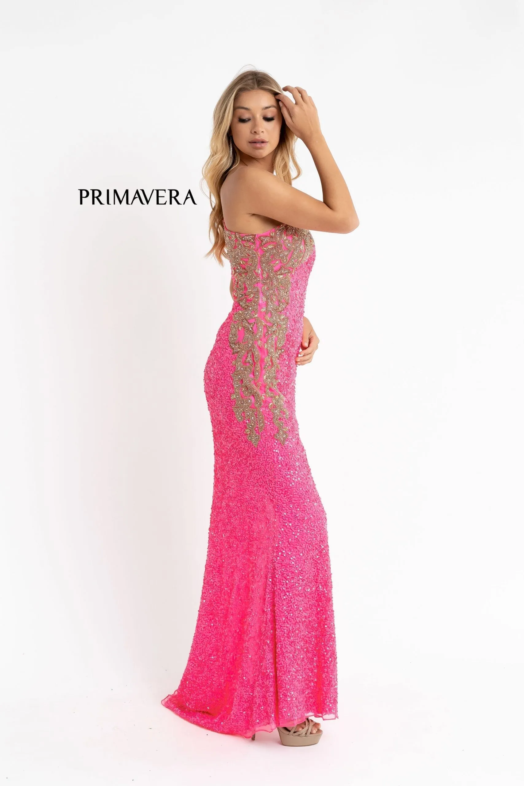 Primavera Couture 3637 Size 0 & 8 Neon Pink Sequin One Shoulder Prom Dress with Slit