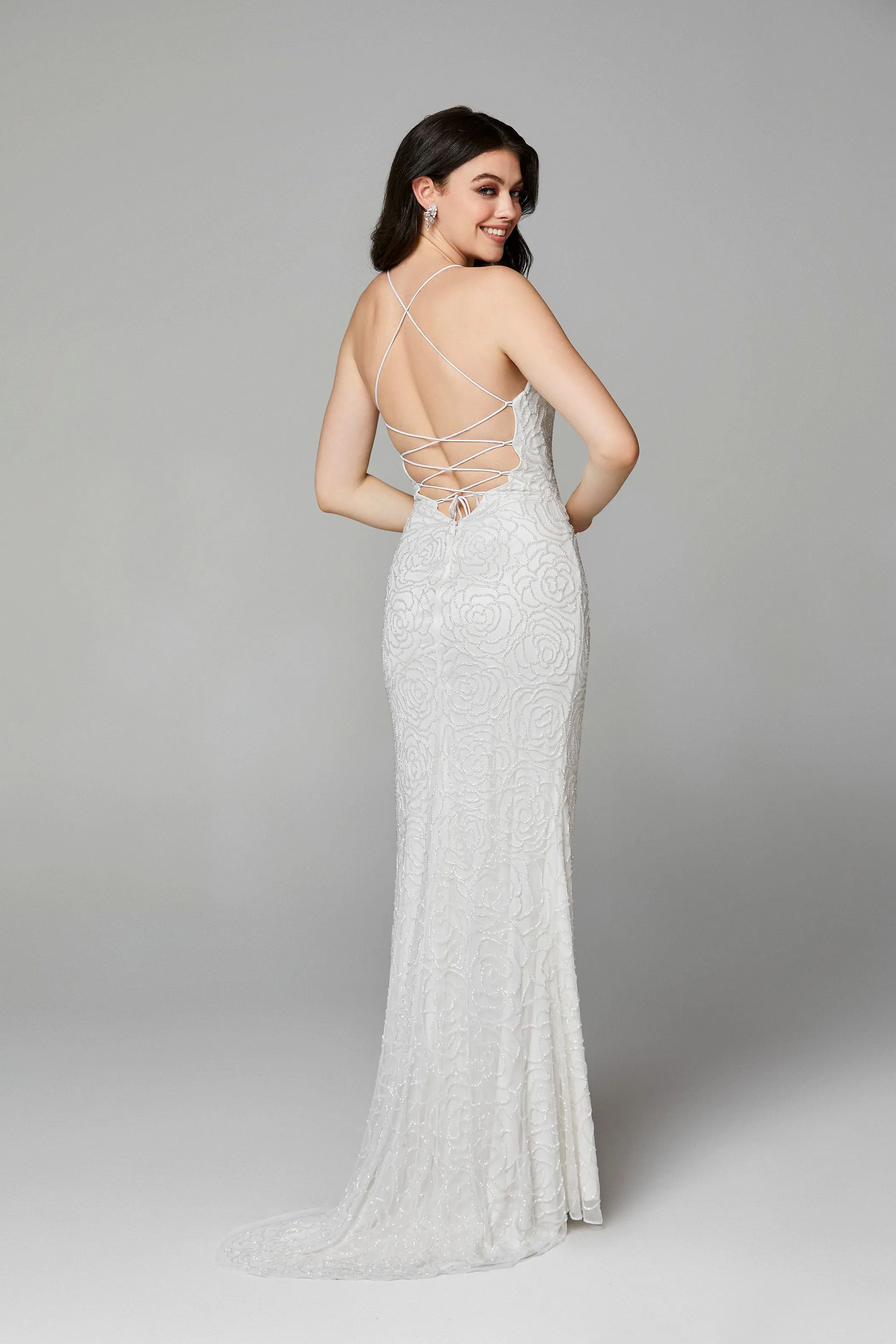 Primavera Couture 3638 size 12 Ivory Floral Beaded Prom Dress Backless Formal Corset
