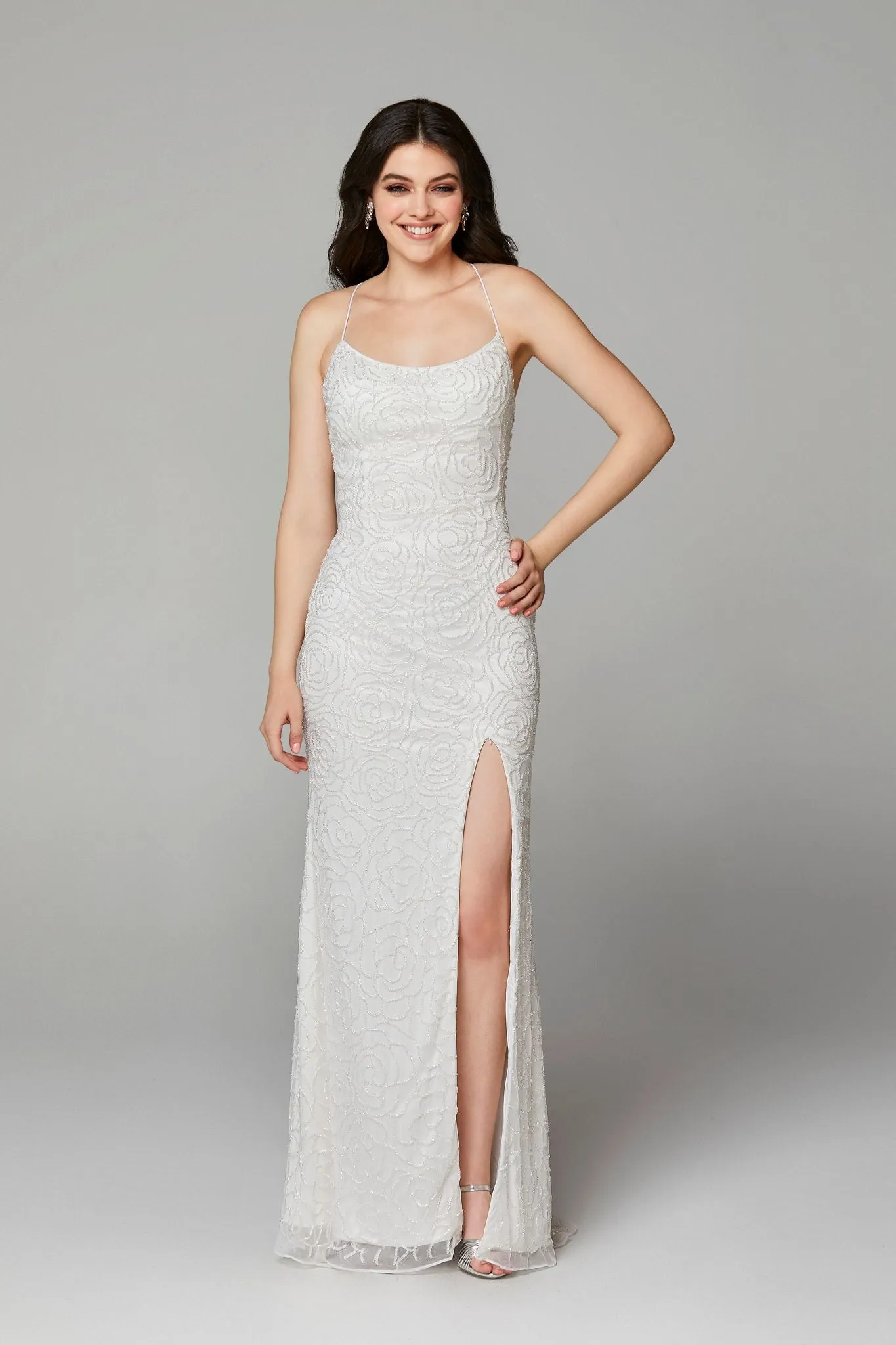 Primavera Couture 3638 size 12 Ivory Floral Beaded Prom Dress Backless Formal Corset