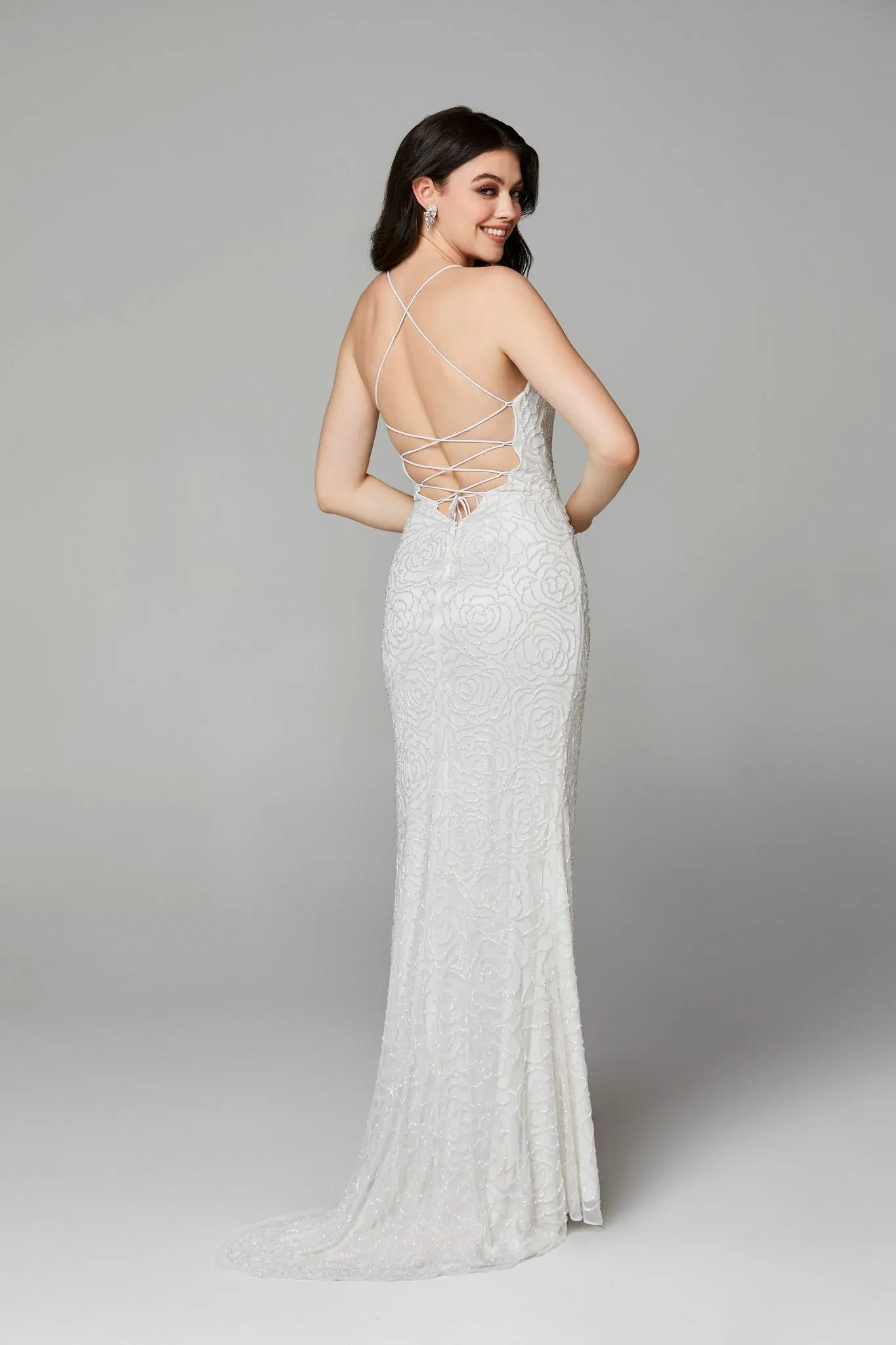 Primavera Couture 3638 size 12 Ivory Floral Beaded Prom Dress Backless Formal Corset