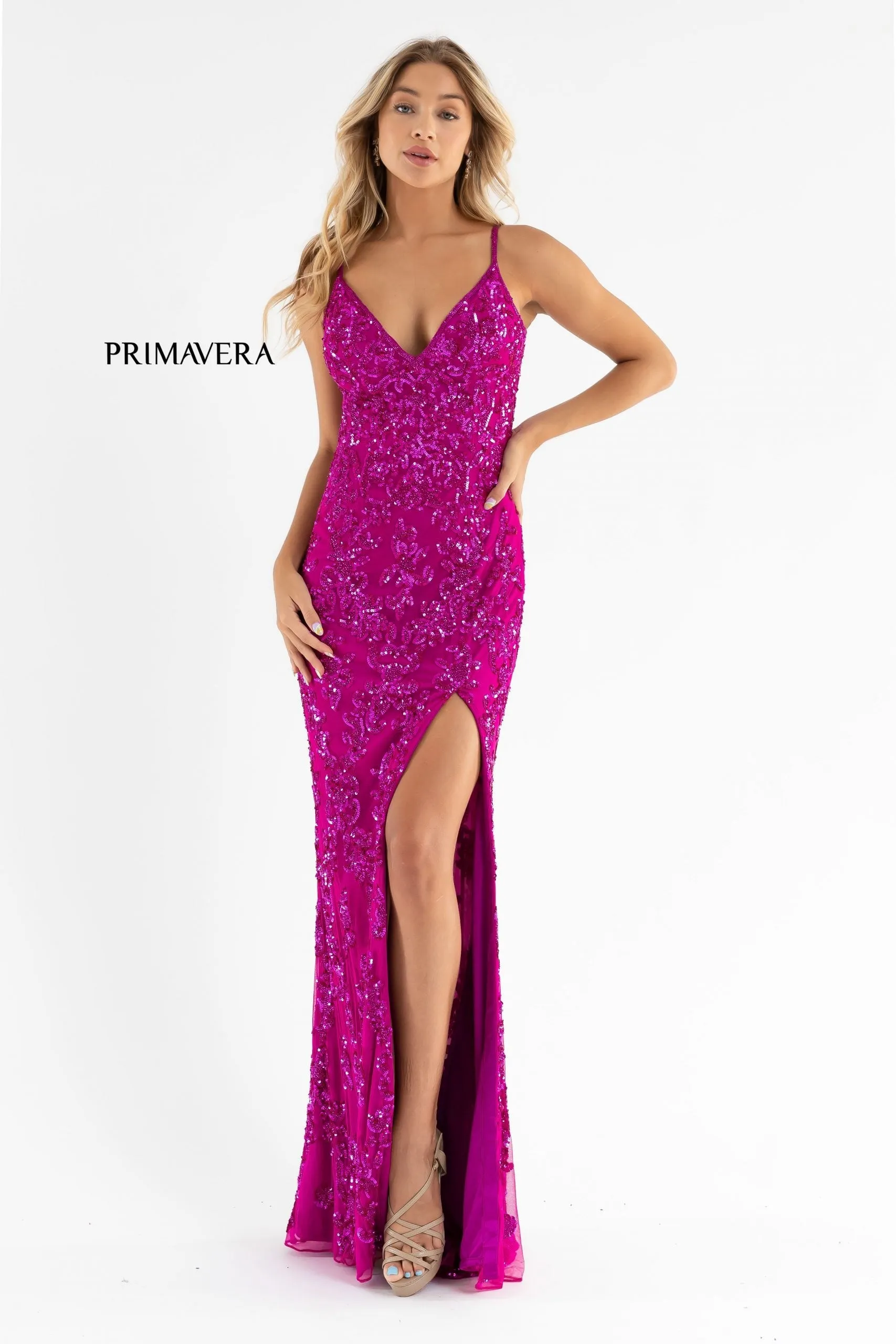 Primavera Couture 3754 Size 4 Fuchsia Prom Dress Sequins V Neckline Evening Gown Backless Slit Train