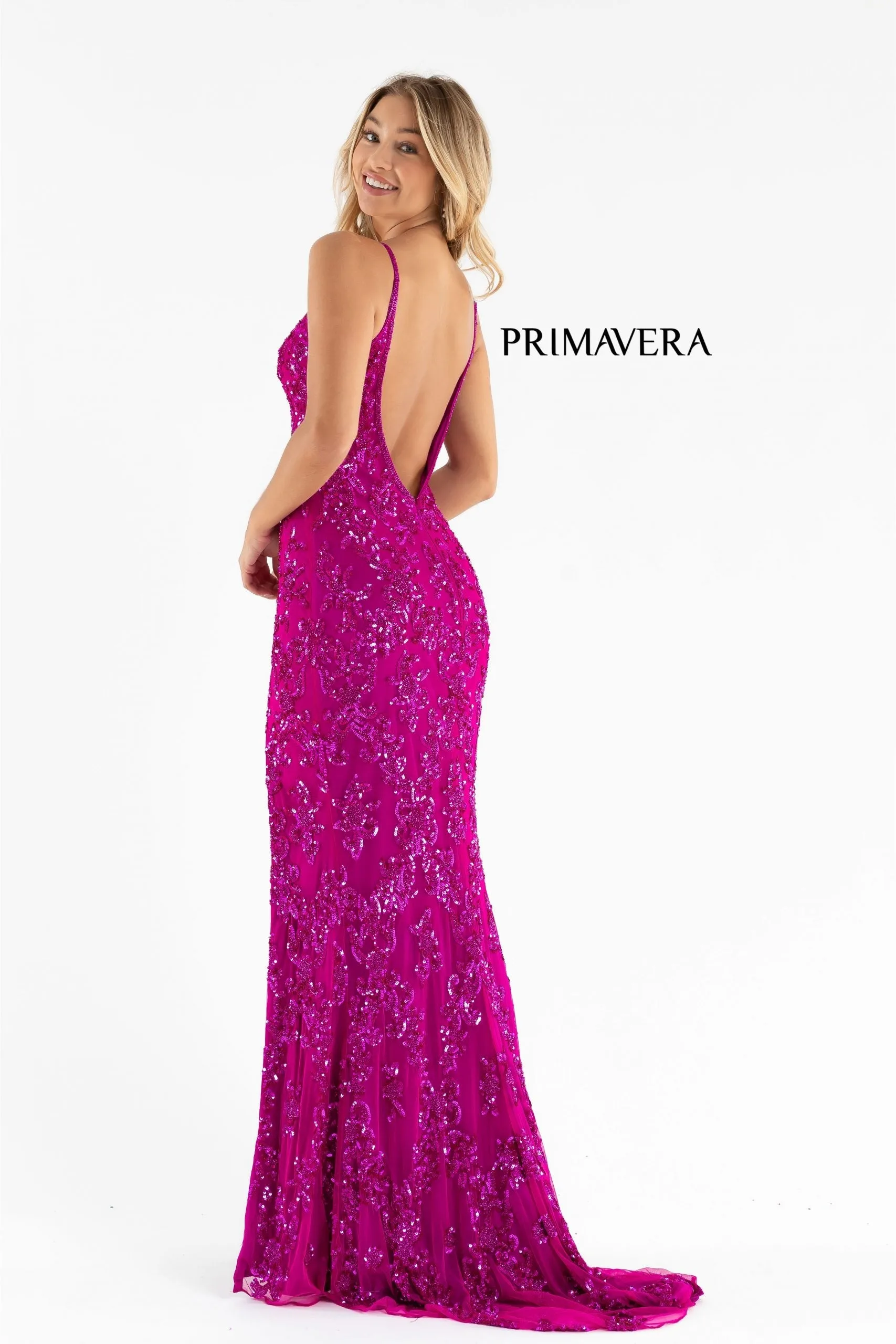 Primavera Couture 3754 Size 4 Fuchsia Prom Dress Sequins V Neckline Evening Gown Backless Slit Train