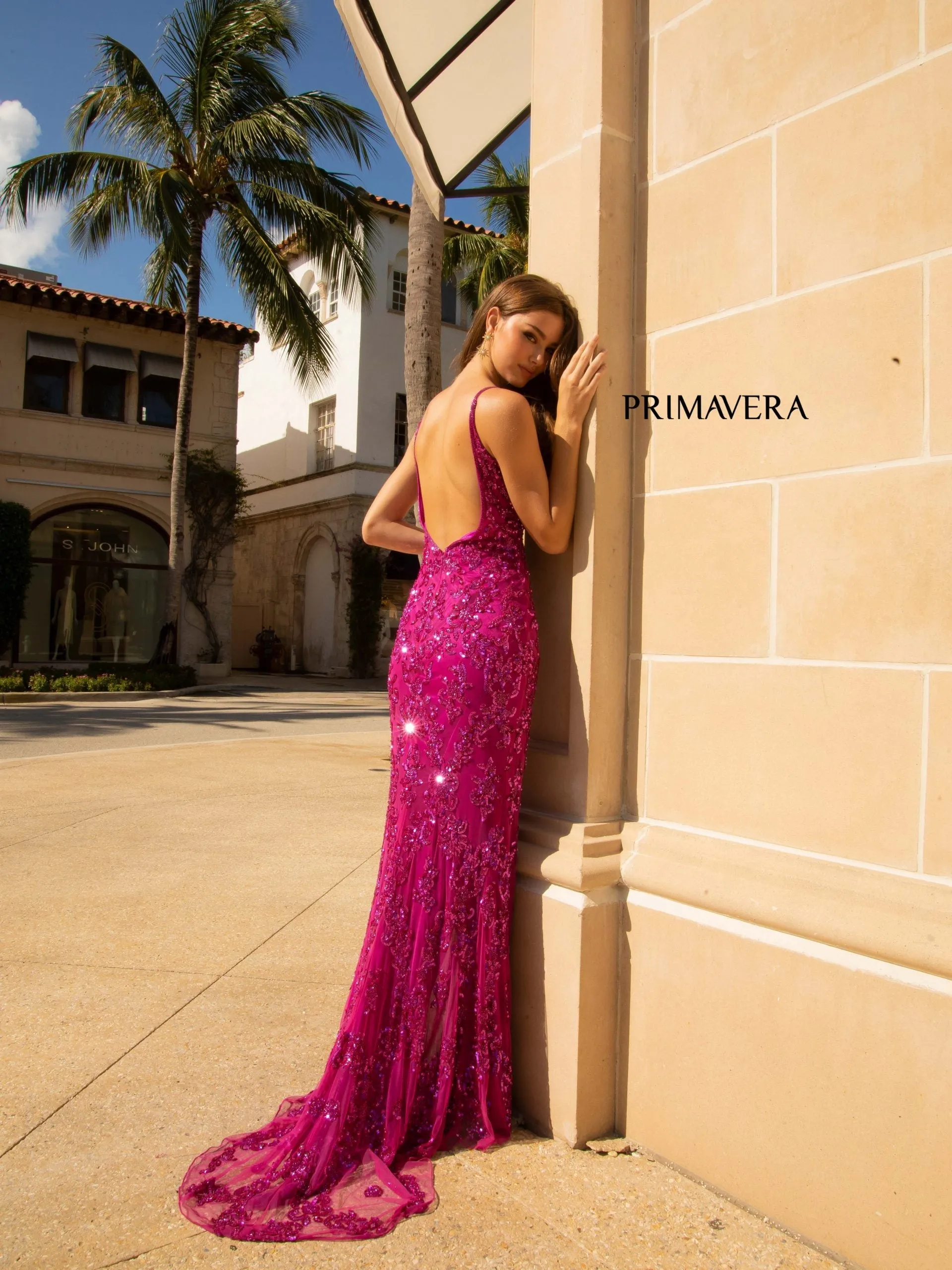 Primavera Couture 3754 Size 4 Fuchsia Prom Dress Sequins V Neckline Evening Gown Backless Slit Train