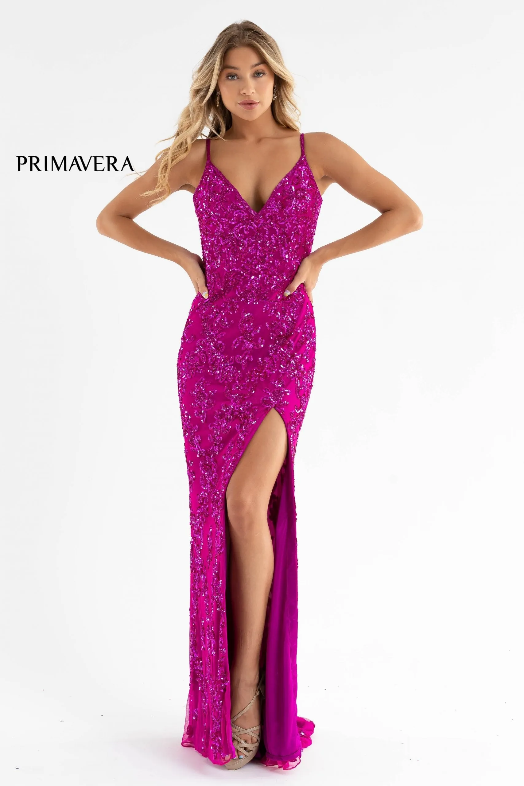 Primavera Couture 3754 Size 4 Fuchsia Prom Dress Sequins V Neckline Evening Gown Backless Slit Train