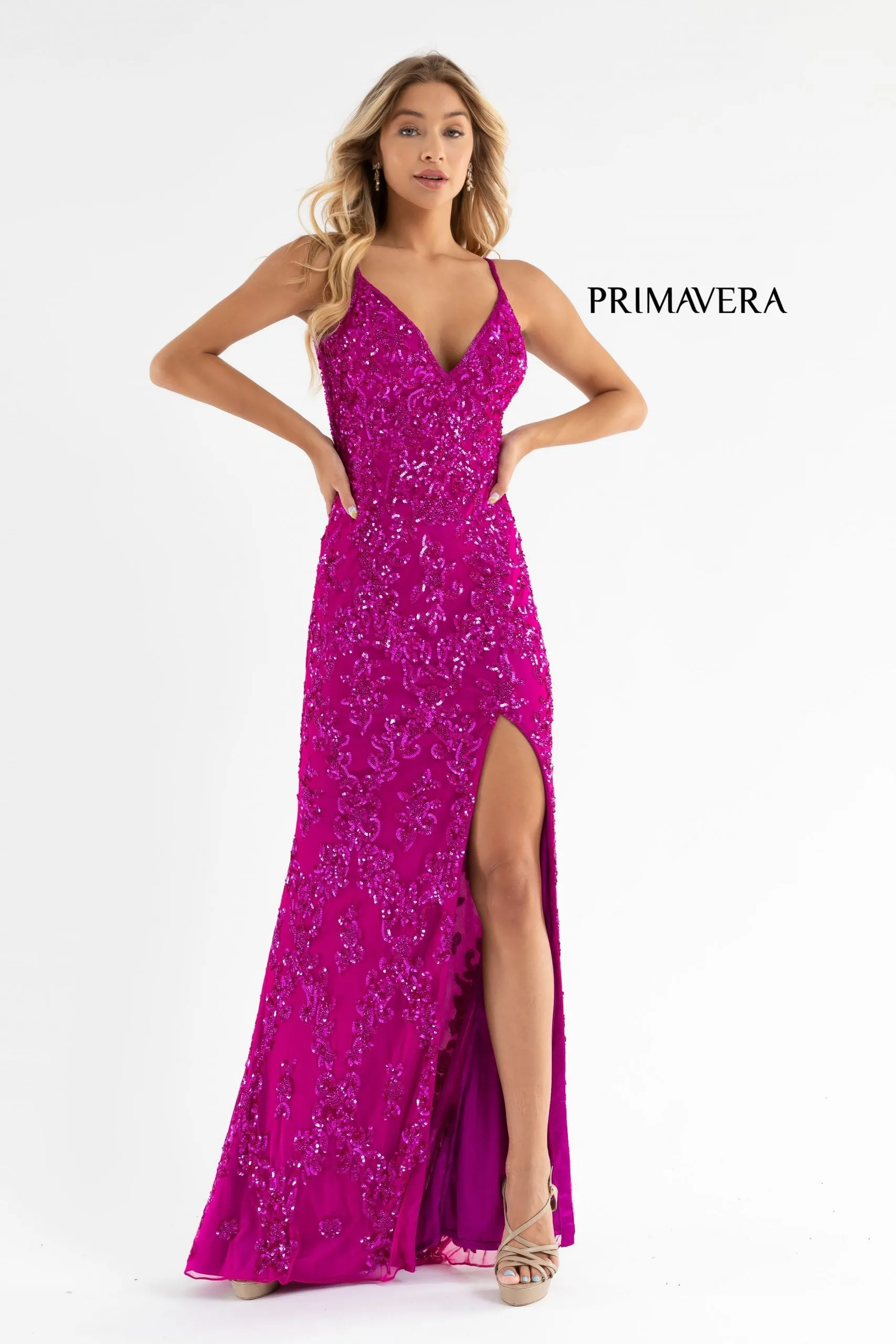 Primavera Couture 3754 Size 4 Fuchsia Prom Dress Sequins V Neckline Evening Gown Backless Slit Train