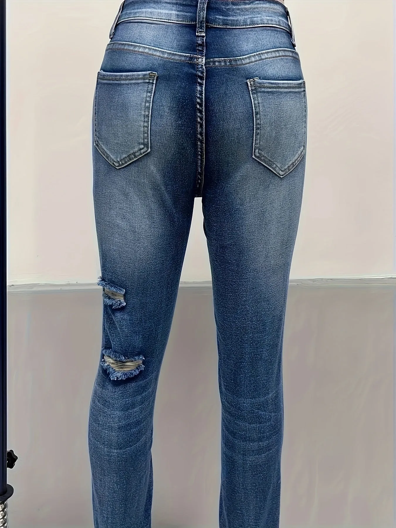 Ripped High Stretch Skinny Jeans, Whiskering Distressed Slash Pocket Denim Pants, Women's Denim Jeans & Clothing