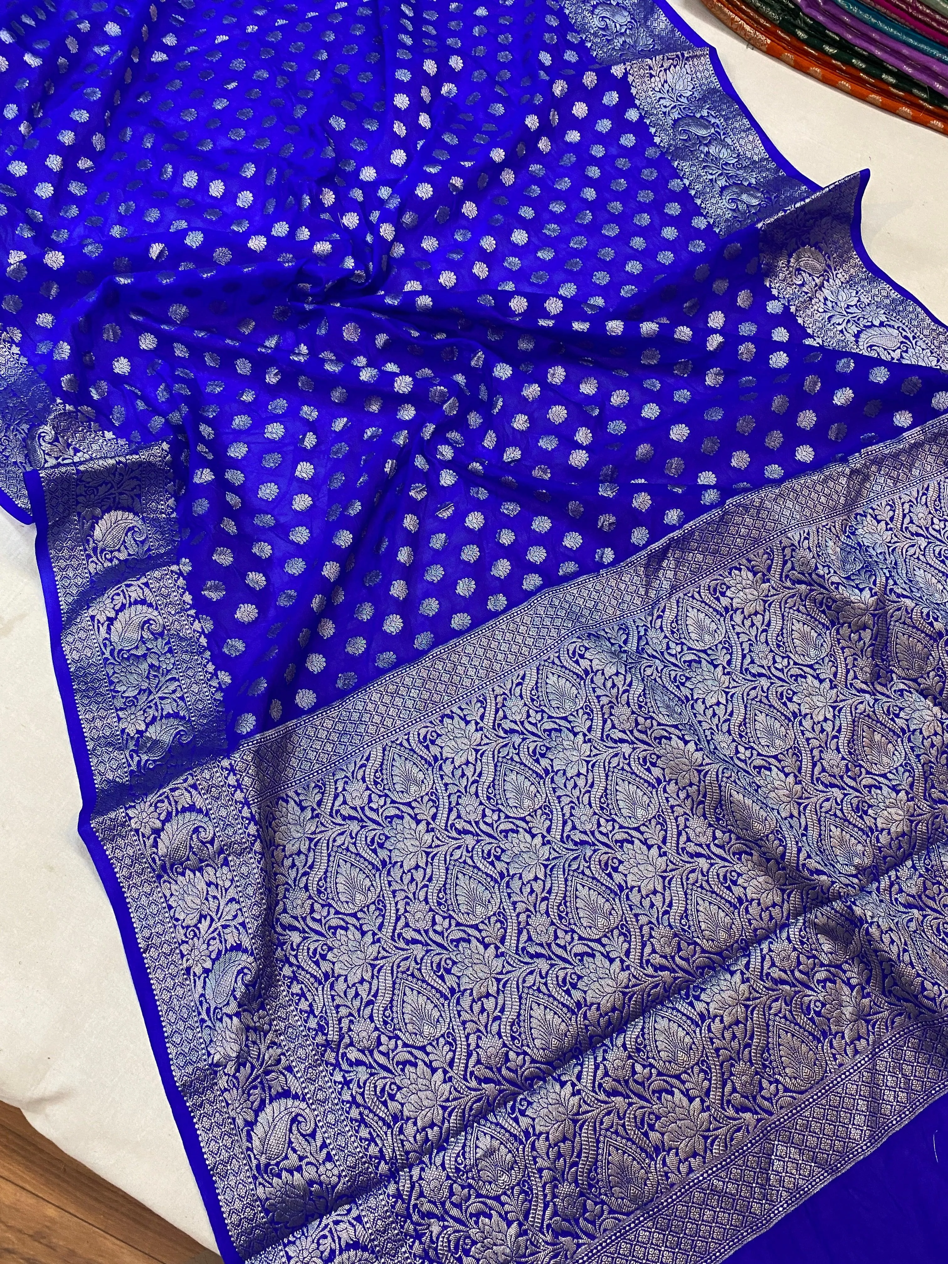 Royal Blue Handloom Cotton Silk Banarasi Sari