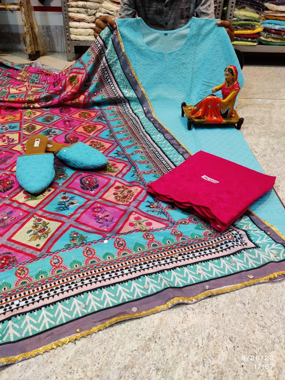 Sky Blue Elegant Chikankari Kurti, Palazzo, and Pakistani Dupatta Set