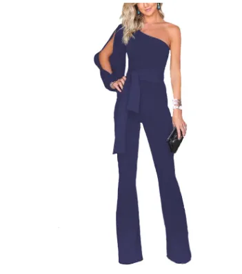 Solid Color One Shoulder Belted Jumpsuit Romper