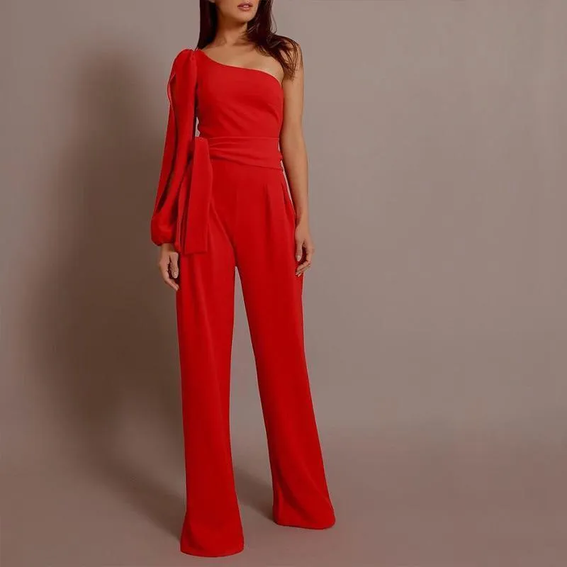 Solid Color One Shoulder Belted Jumpsuit Romper