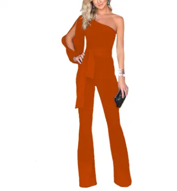 Solid Color One Shoulder Belted Jumpsuit Romper