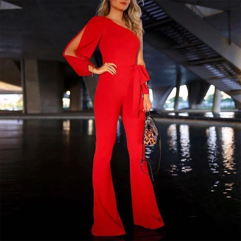 Solid Color One Shoulder Belted Jumpsuit Romper