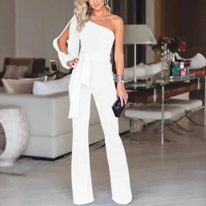 Solid Color One Shoulder Belted Jumpsuit Romper