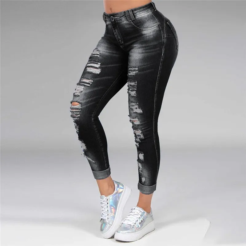 Sonicelife  Washed Ripped Jeans Women S-5XL Korean High Waist Trousers Skinny Denim Jeans Black Blue Hollow Bleached Pencil Pants 2024