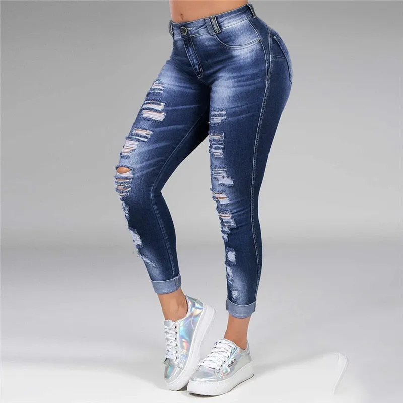 Sonicelife  Washed Ripped Jeans Women S-5XL Korean High Waist Trousers Skinny Denim Jeans Black Blue Hollow Bleached Pencil Pants 2024