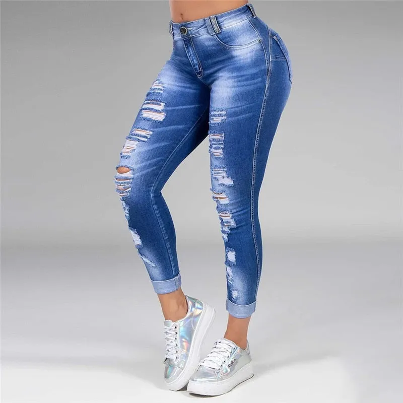 Sonicelife  Washed Ripped Jeans Women S-5XL Korean High Waist Trousers Skinny Denim Jeans Black Blue Hollow Bleached Pencil Pants 2024
