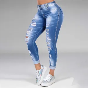 Sonicelife  Washed Ripped Jeans Women S-5XL Korean High Waist Trousers Skinny Denim Jeans Black Blue Hollow Bleached Pencil Pants 2024