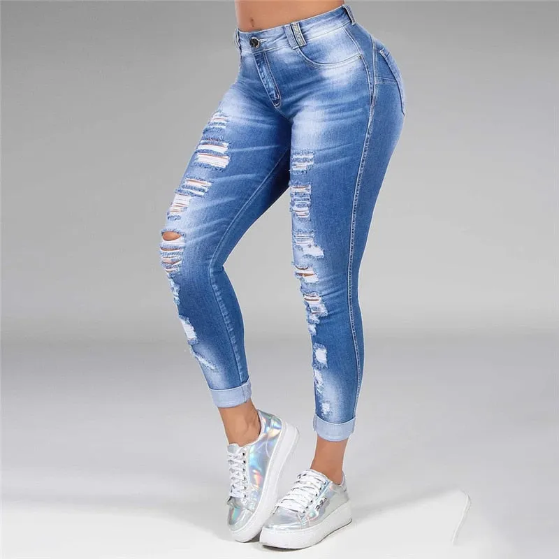 Sonicelife  Washed Ripped Jeans Women S-5XL Korean High Waist Trousers Skinny Denim Jeans Black Blue Hollow Bleached Pencil Pants 2024