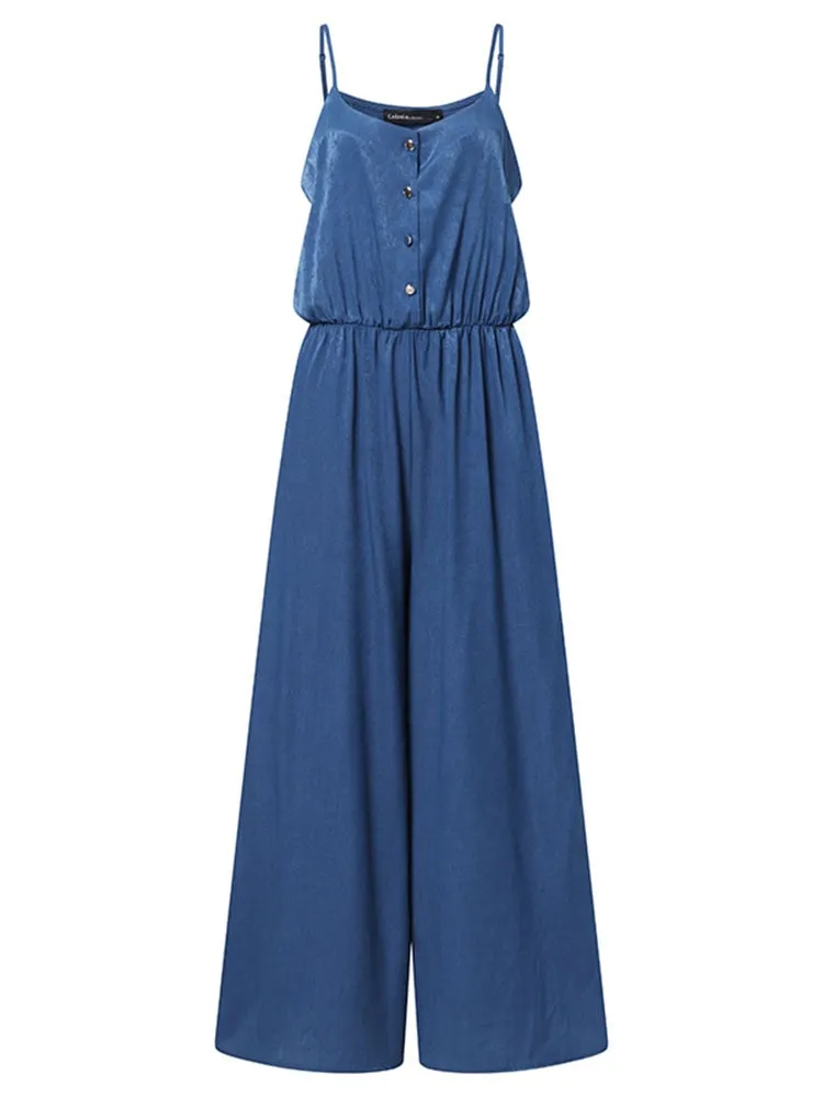 Spaghetti Straps Wide Leg Casual Elastic Waist with Belt Jumpsuits