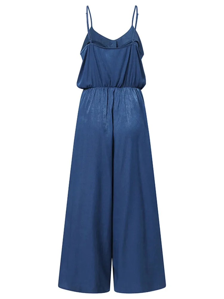 Spaghetti Straps Wide Leg Casual Elastic Waist with Belt Jumpsuits
