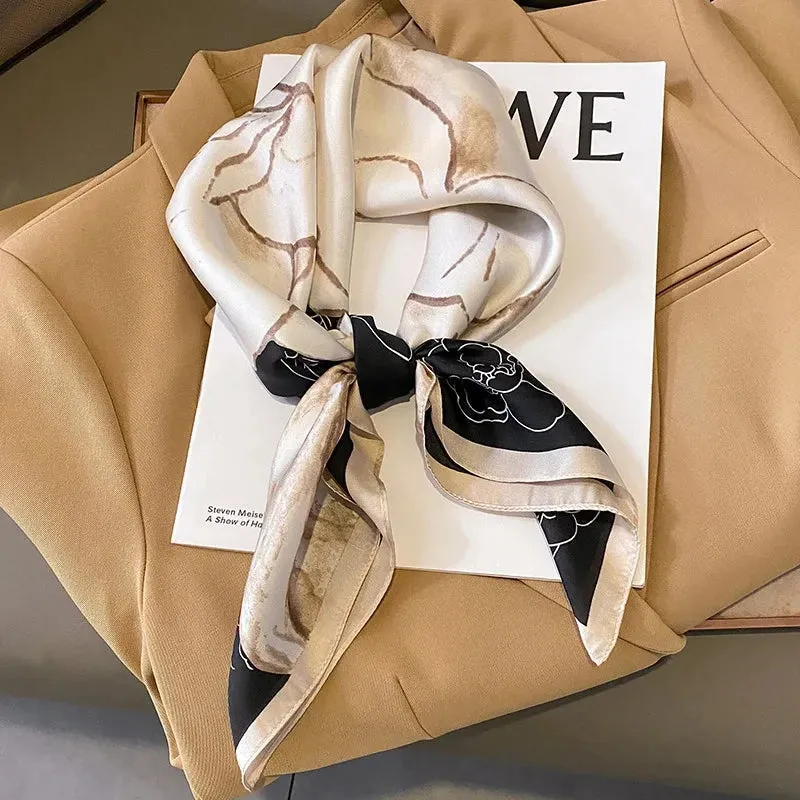 Square Imitation Silk Scarf Black And White Striped Head Wrap for Women Stylish Multitasking Neck Accessory