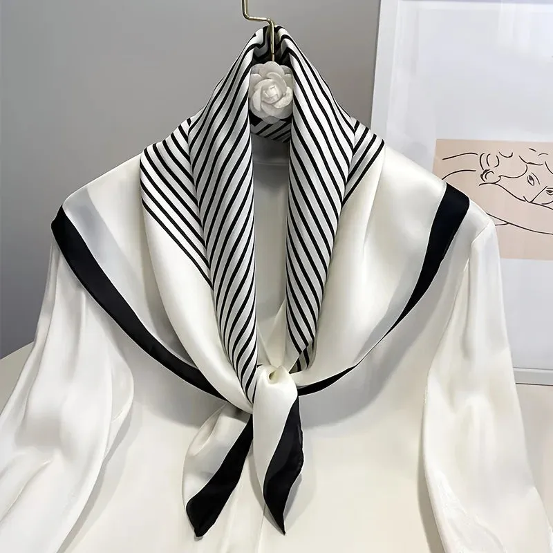 Square Imitation Silk Scarf Black And White Striped Head Wrap for Women Stylish Multitasking Neck Accessory