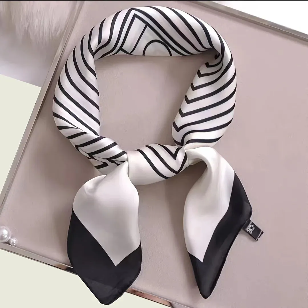 Square Imitation Silk Scarf Black And White Striped Head Wrap for Women Stylish Multitasking Neck Accessory