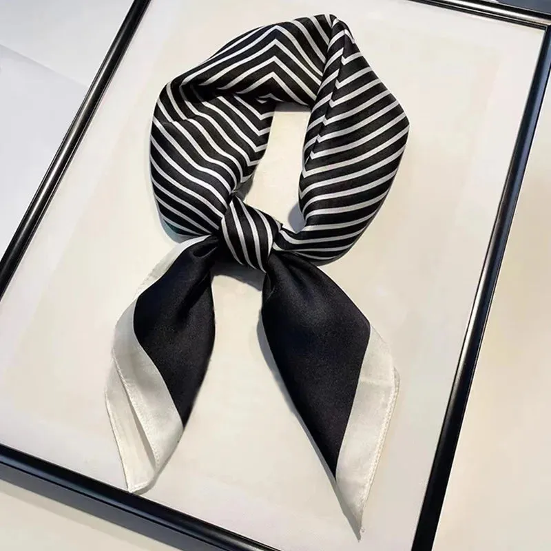 Square Imitation Silk Scarf Black And White Striped Head Wrap for Women Stylish Multitasking Neck Accessory