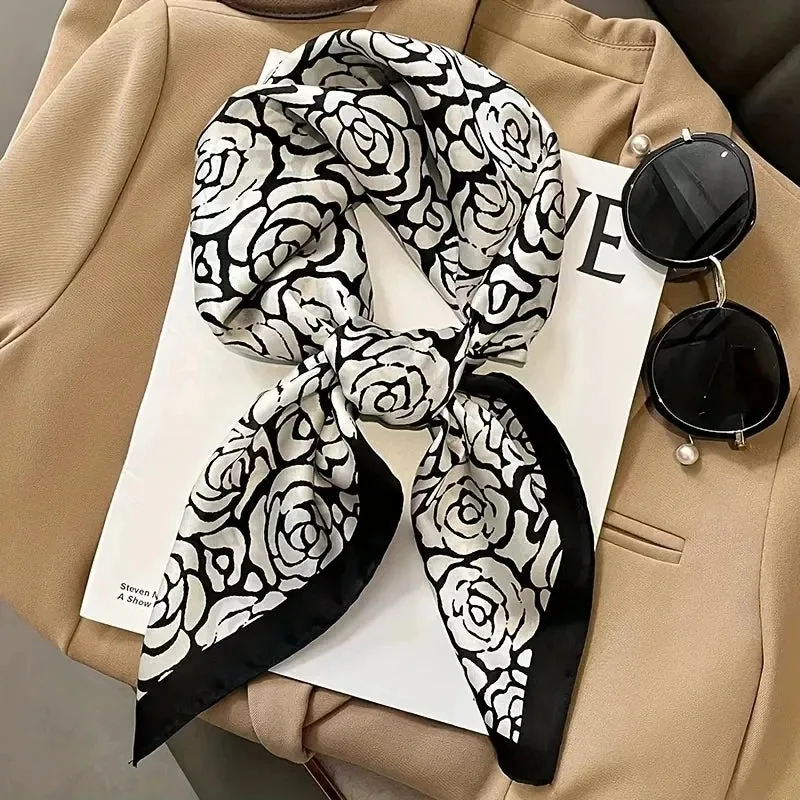 Square Imitation Silk Scarf Black And White Striped Head Wrap for Women Stylish Multitasking Neck Accessory