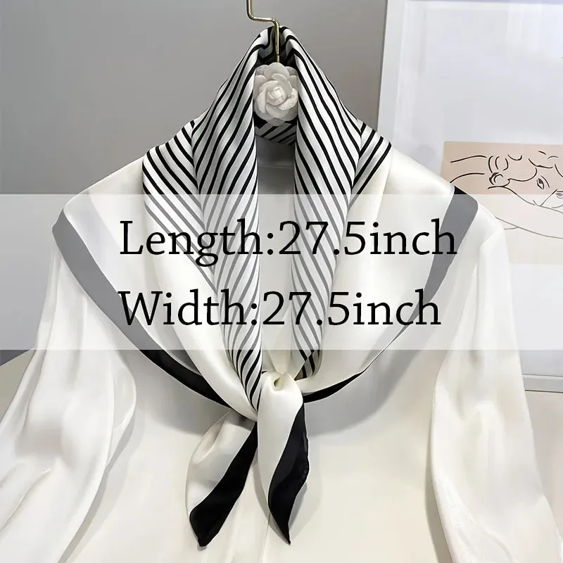 Square Imitation Silk Scarf Black And White Striped Head Wrap for Women Stylish Multitasking Neck Accessory