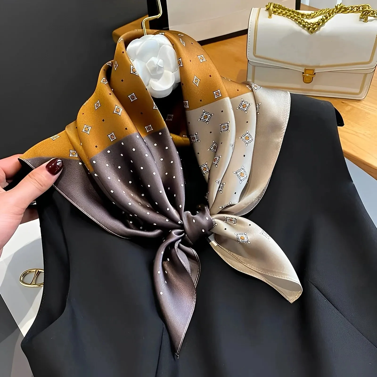 Square Imitation Silk Scarf Black And White Striped Head Wrap for Women Stylish Multitasking Neck Accessory