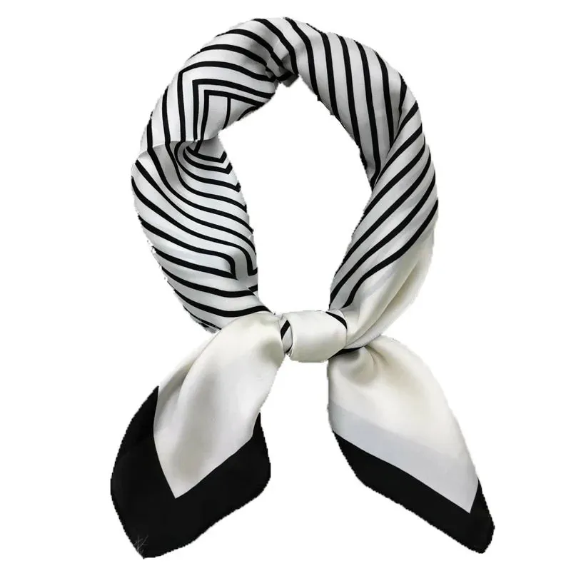 Square Imitation Silk Scarf Black And White Striped Head Wrap for Women Stylish Multitasking Neck Accessory