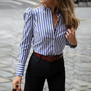 Striped Puffed Sleeve Blouse Top