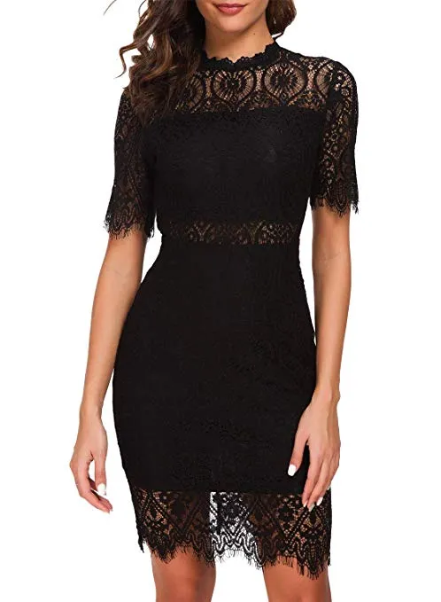 TastyHottie - Women's Elegant High Neck Short Sleeves Lace Cocktail Party Dress