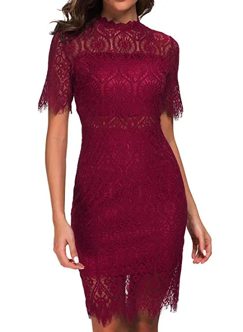 TastyHottie - Women's Elegant High Neck Short Sleeves Lace Cocktail Party Dress