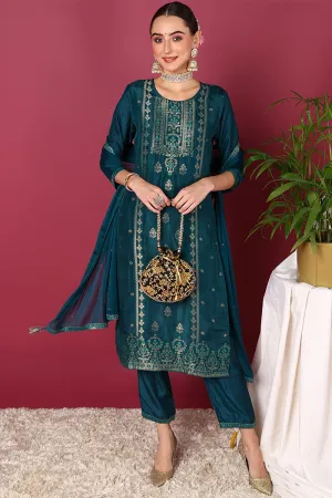 Teal Silk Blend Ethnic Motifs Woven Design 3-Piece Kurta Set