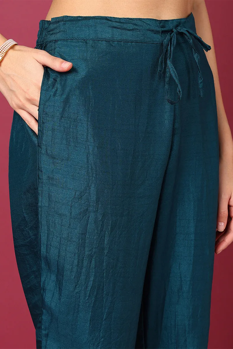 Teal Silk Blend Ethnic Motifs Woven Design 3-Piece Kurta Set